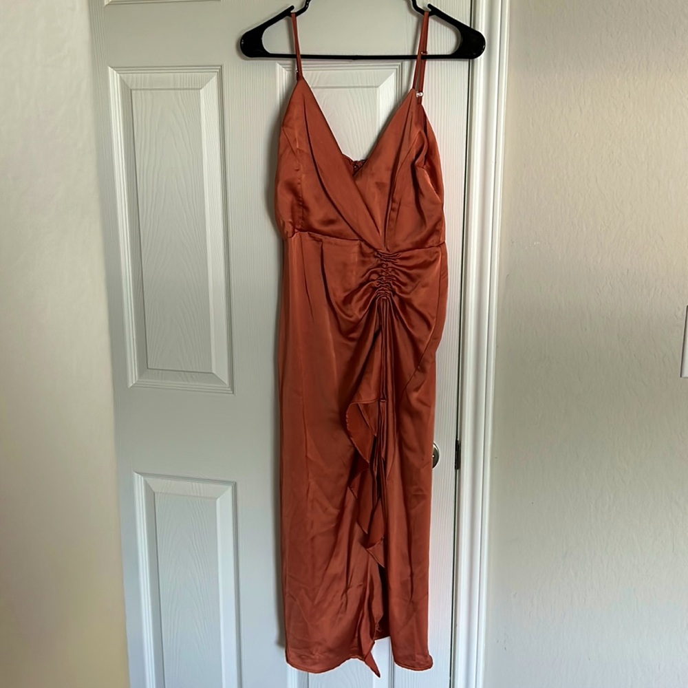 Mia Paluzzi midi asymmetrical dress color burn orange, adjustable straps